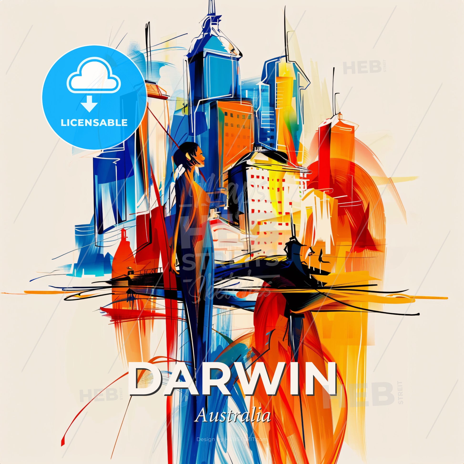 Vibrant Darwin, Australia - A Painting Of A Man Standing In Front Of A City - Square format print template
