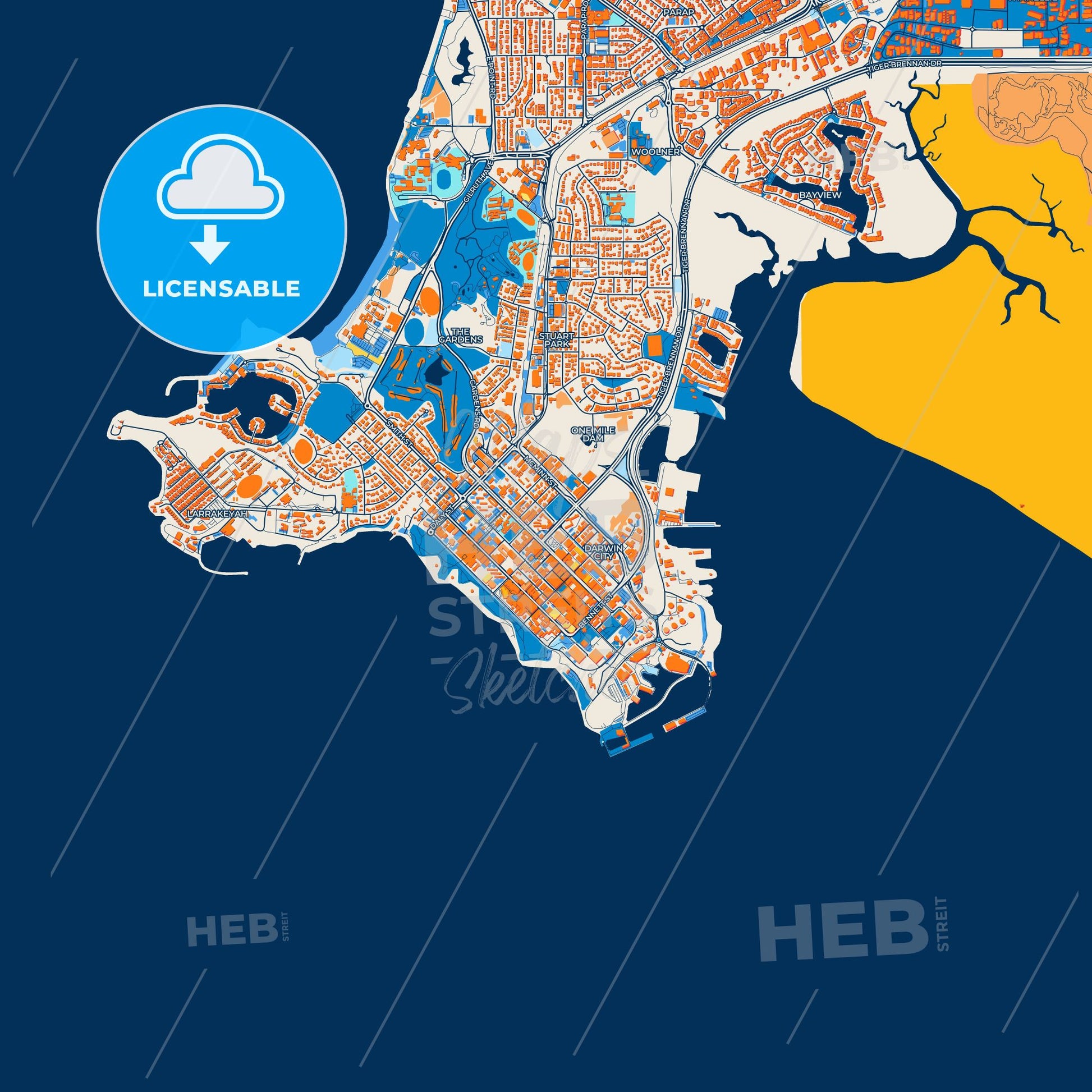 Colorful Darwin Street Map with Labels and Buildings