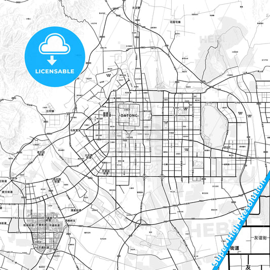 Datong, China light map with streetnames, citynames and districts
