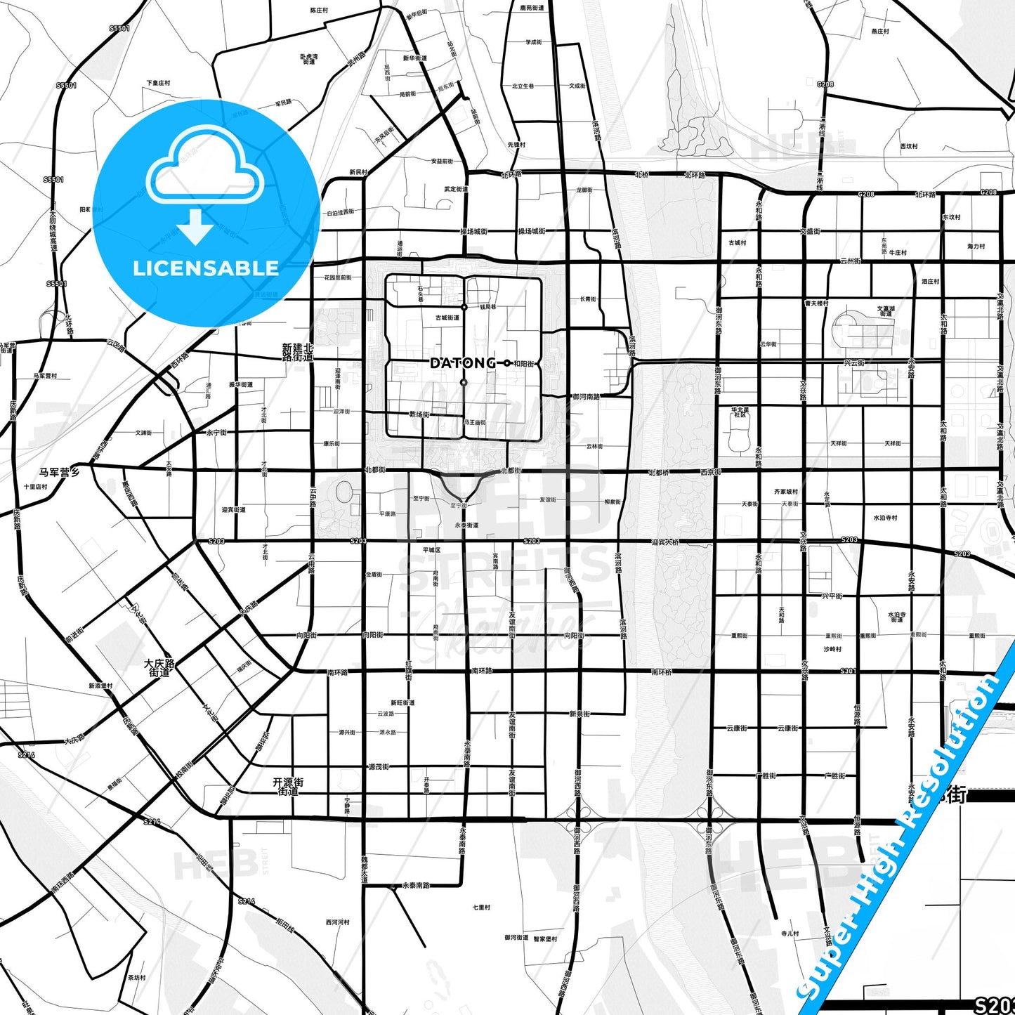 Datong, China Light Map with Street Names, City Names, and Districts