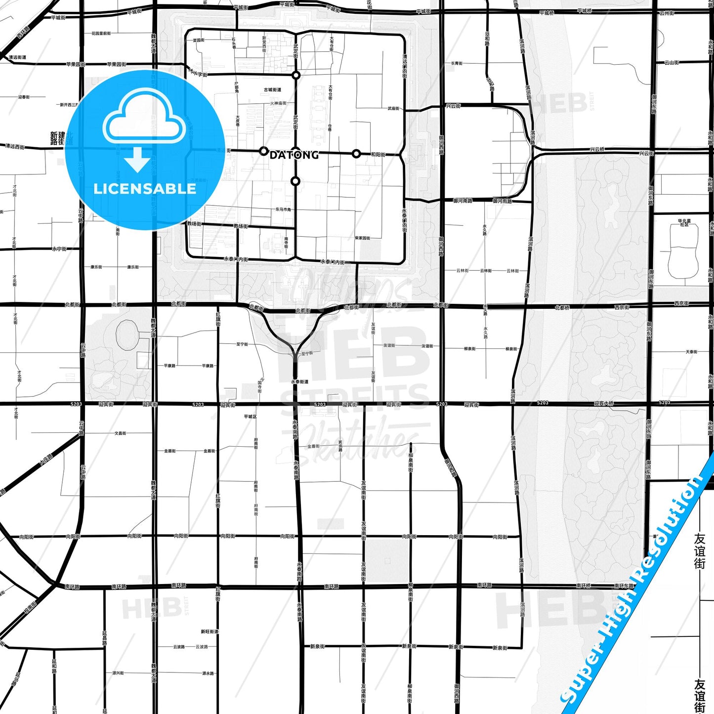 Datong, China Light Map with Street Names, City Names, and Districts