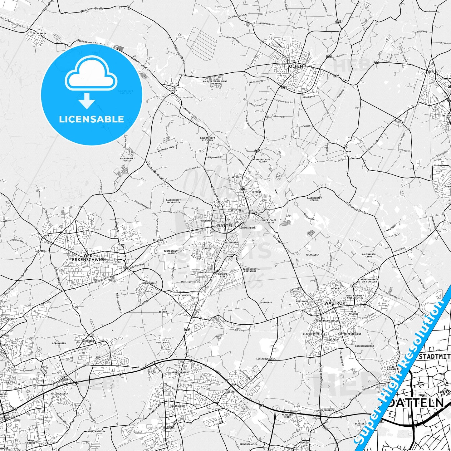 Datteln, Germany light map with streetnames, citynames and districts