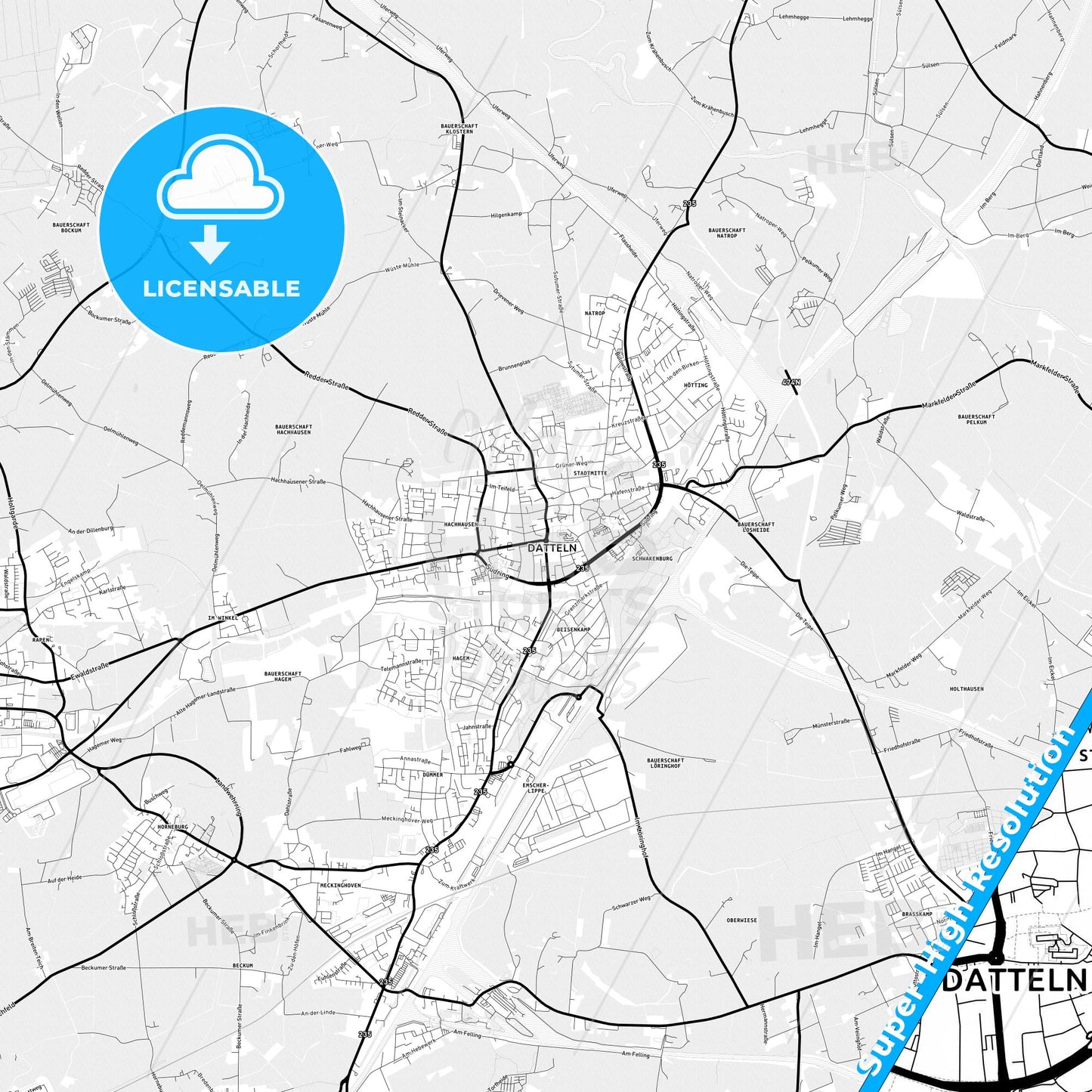 Datteln, Germany Light Map with Street Names, City Names, and Districts