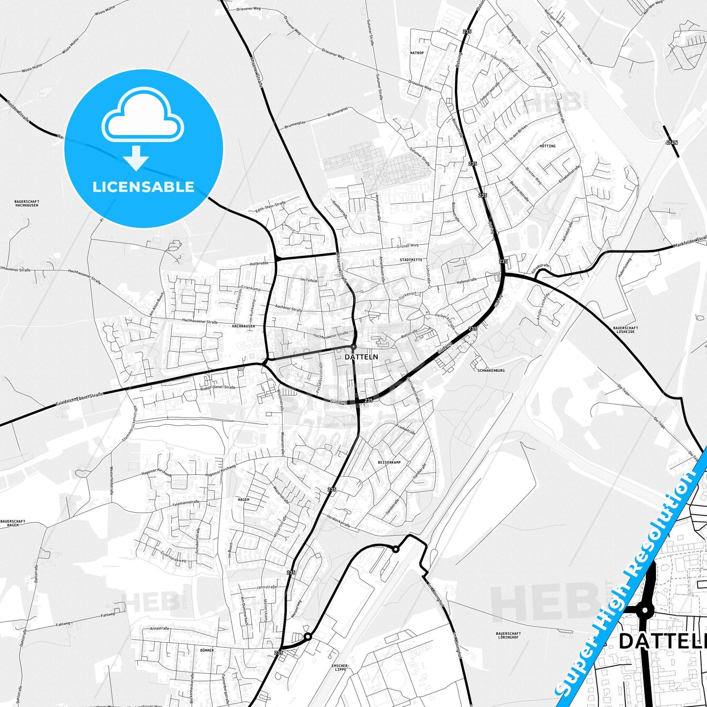 Datteln, Germany Light Map with Street Names, City Names, and Districts