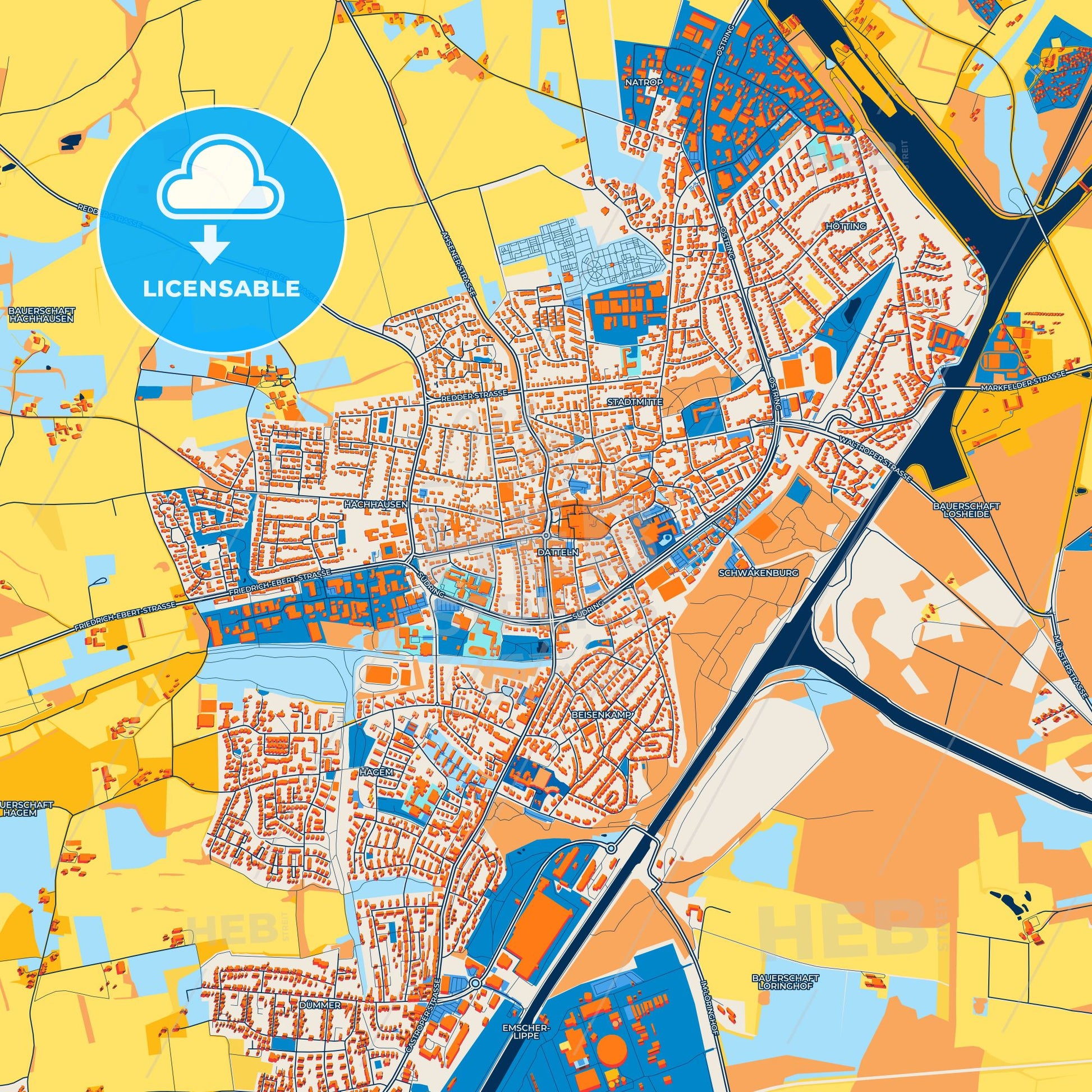 Colorful Datteln Street Map with Labels and Buildings