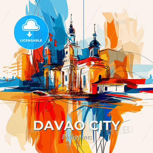 Vibrant Davao City, Philippines - A Painting Of A Building With Towers And A Colorful Background - Square format print template