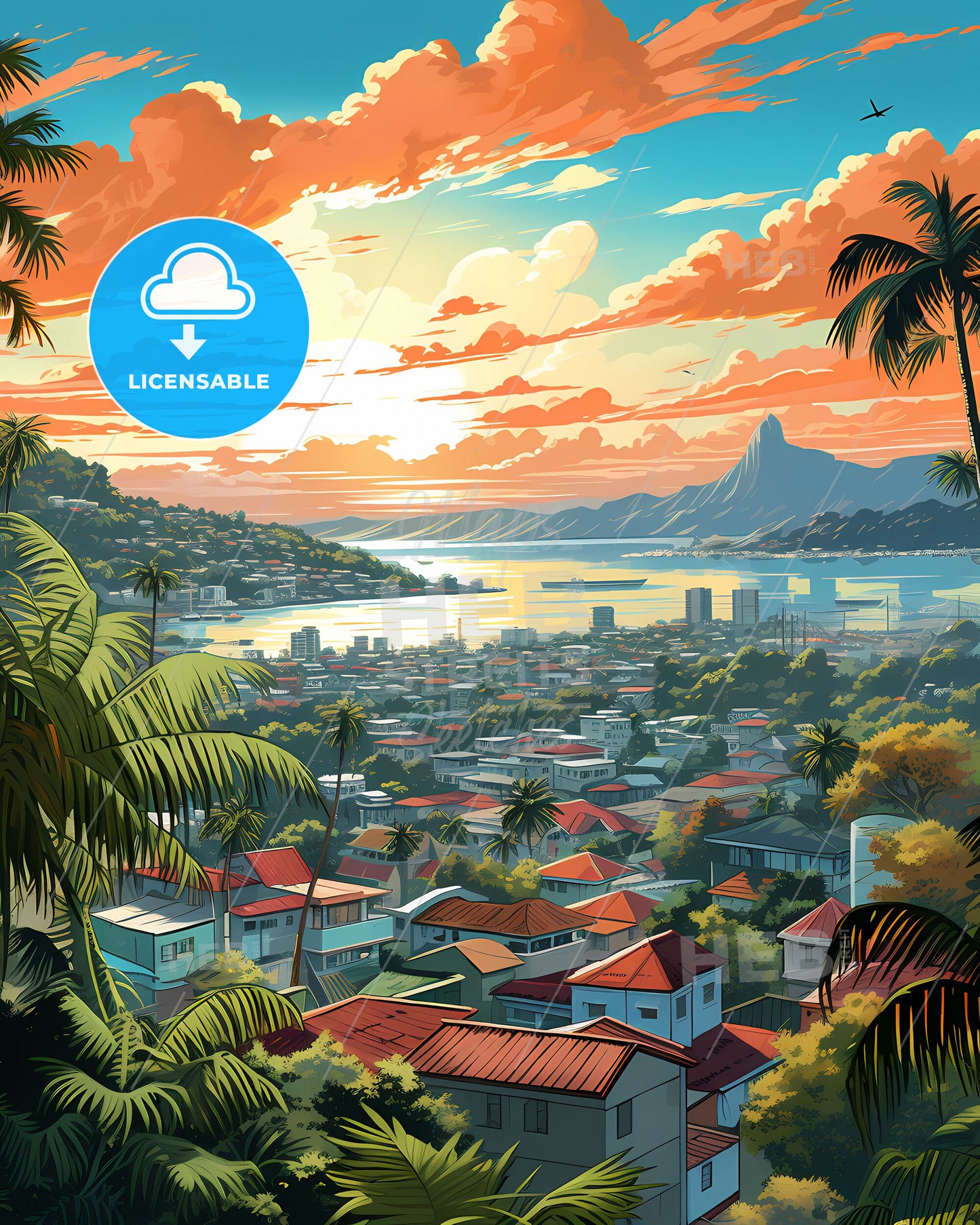 Vibrant Davao City Philippines Skyline cityscape painting with trees and water