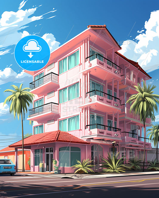 Artistic Pink Building with Palm Trees and Car in Davao City Philippines Skyline