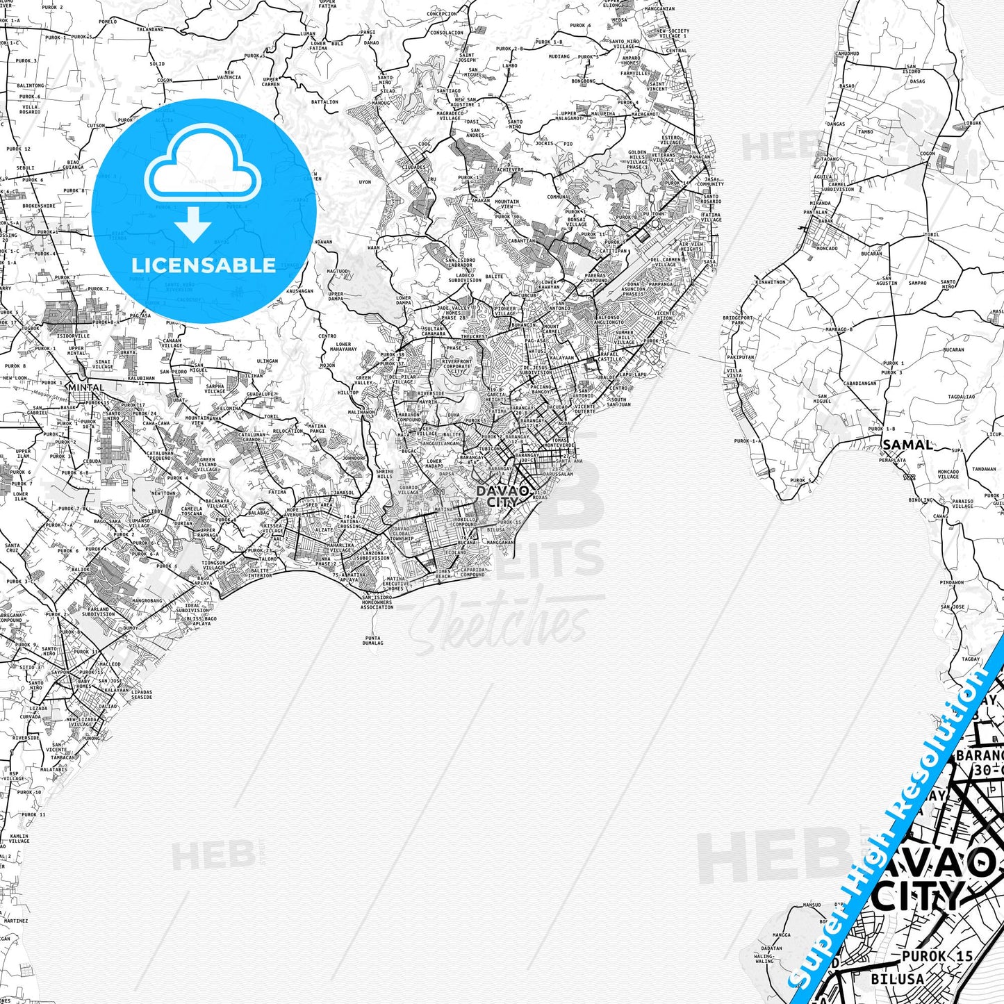 Davao City, Philippines light map with streetnames, citynames and districts