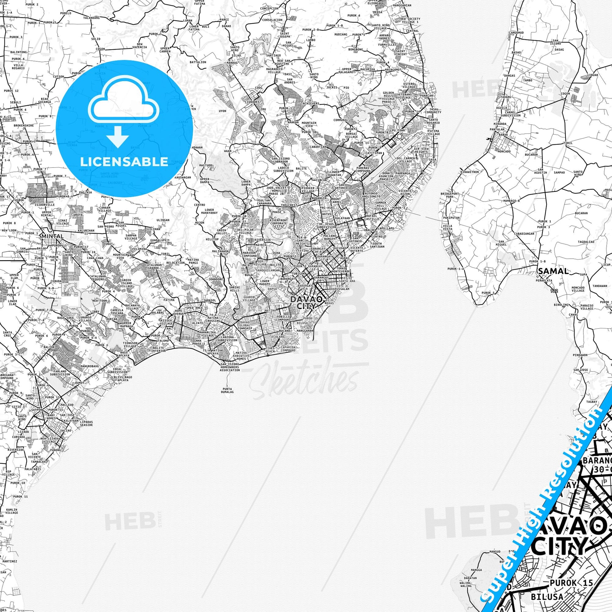 Davao City, Philippines light map with streetnames, citynames and districts