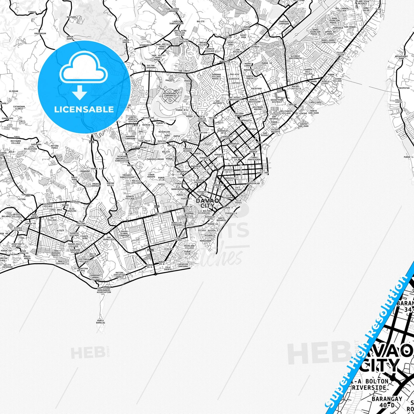 Davao City, Philippines Light Map with Street Names, City Names, and Districts