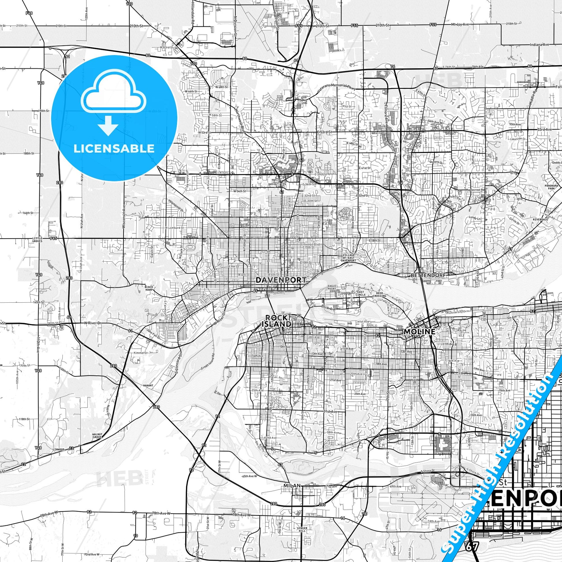 Davenport, Iowa light map with streetnames, citynames and districts