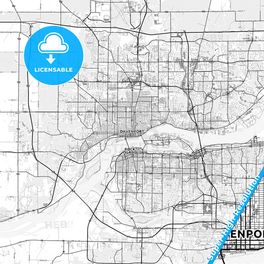Davenport, Iowa light map with streetnames, citynames and districts