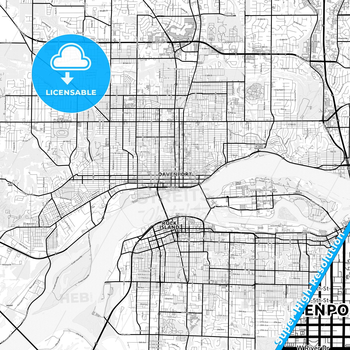 Davenport, Iowa Light Map with Street Names, City Names, and Districts