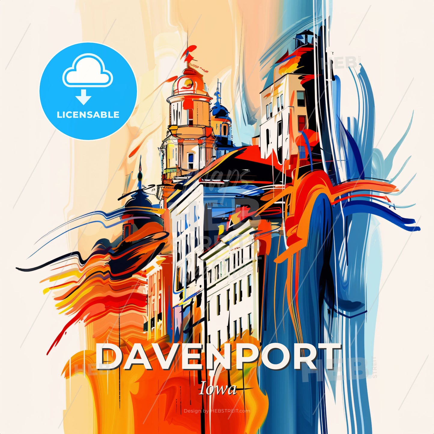 Vibrant Davenport, Iowa - A Colorful Painting Of Buildings - Square format print template