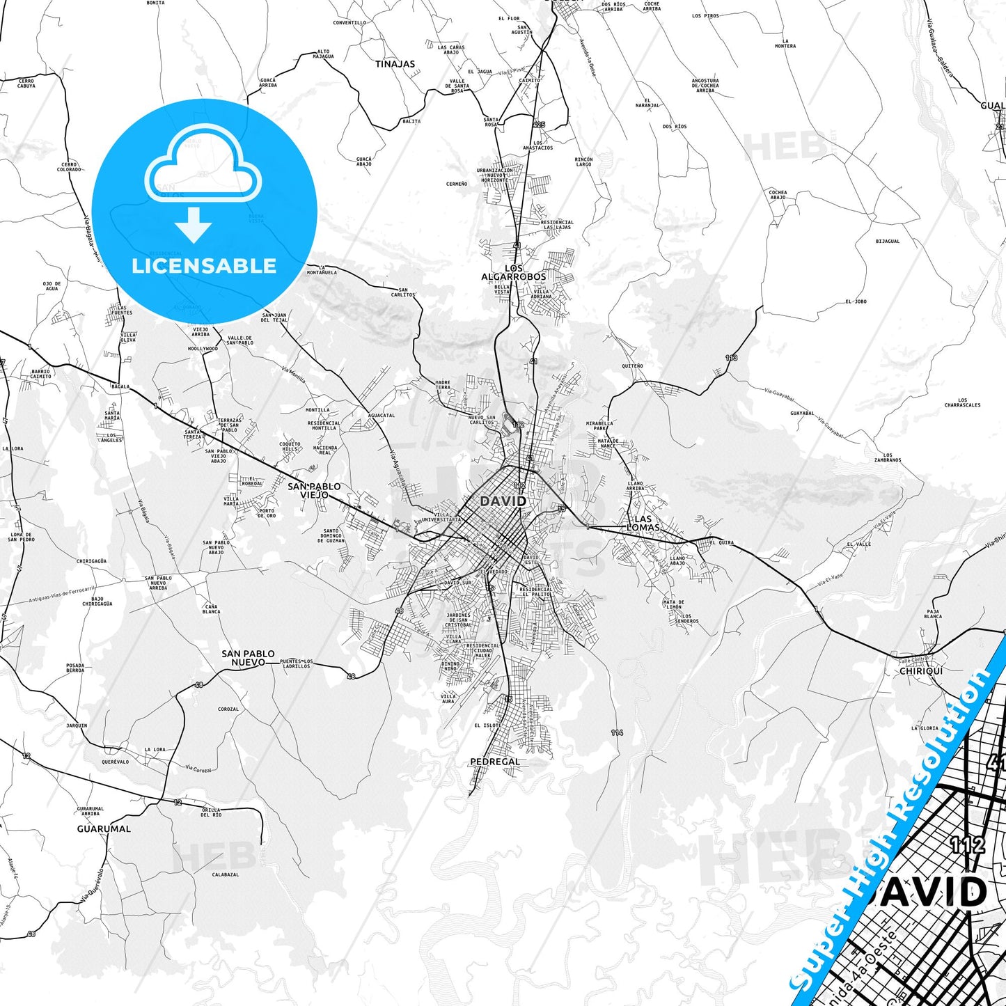 David, Panama light map with streetnames, citynames and districts
