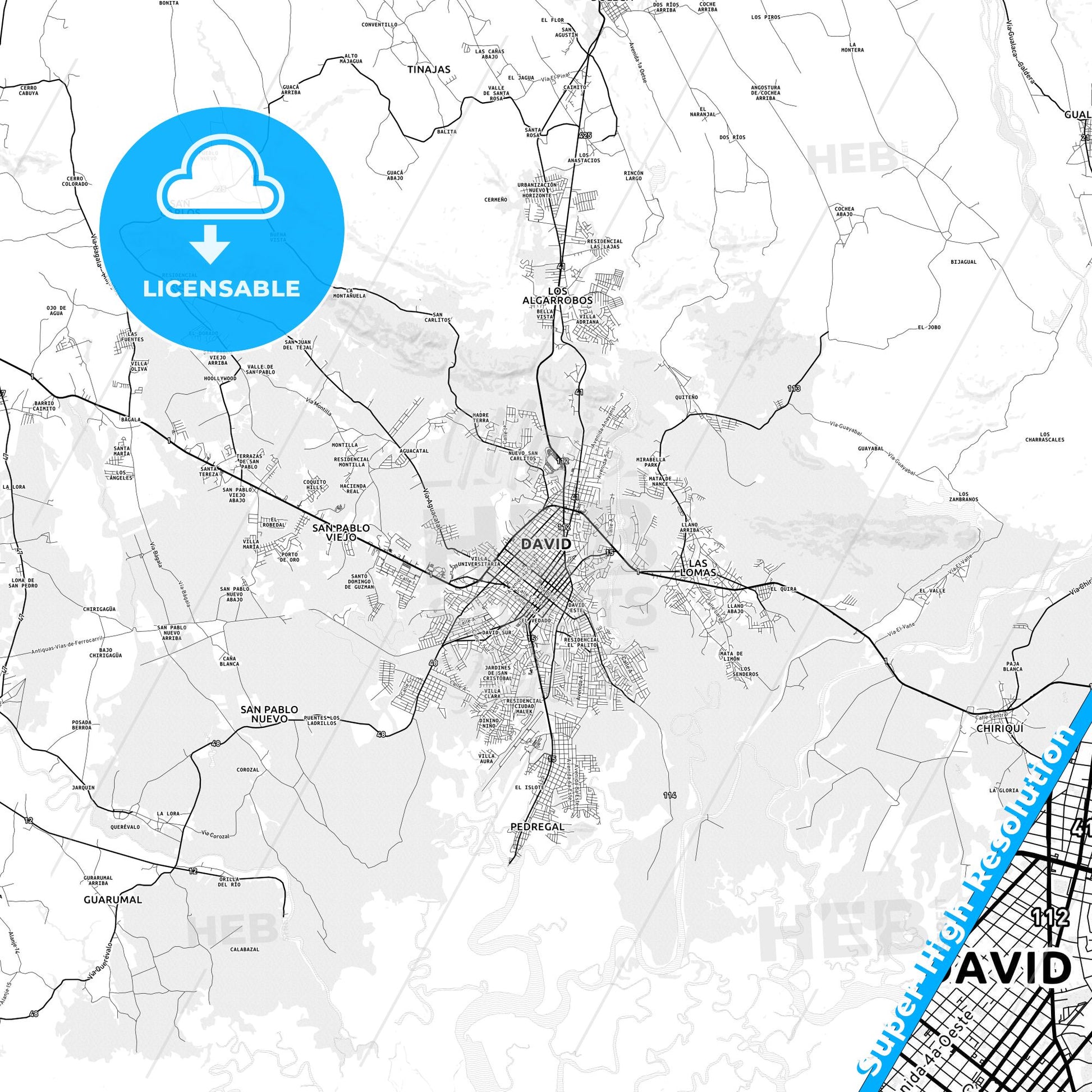 David, Panama light map with streetnames, citynames and districts