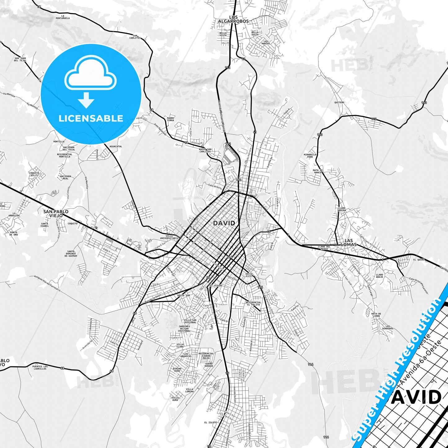 David, Panama Light Map with Street Names, City Names, and Districts