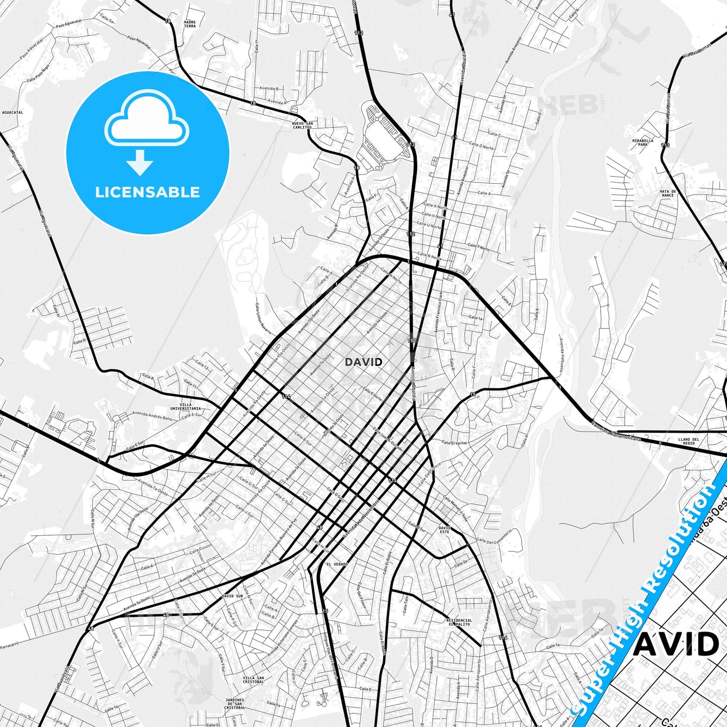 David, Panama Light Map with Street Names, City Names, and Districts