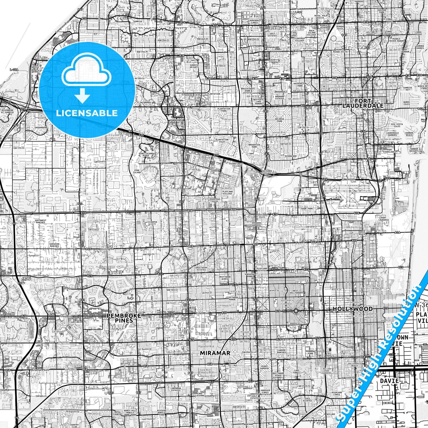 Davie, Florida light map with streetnames, citynames and districts