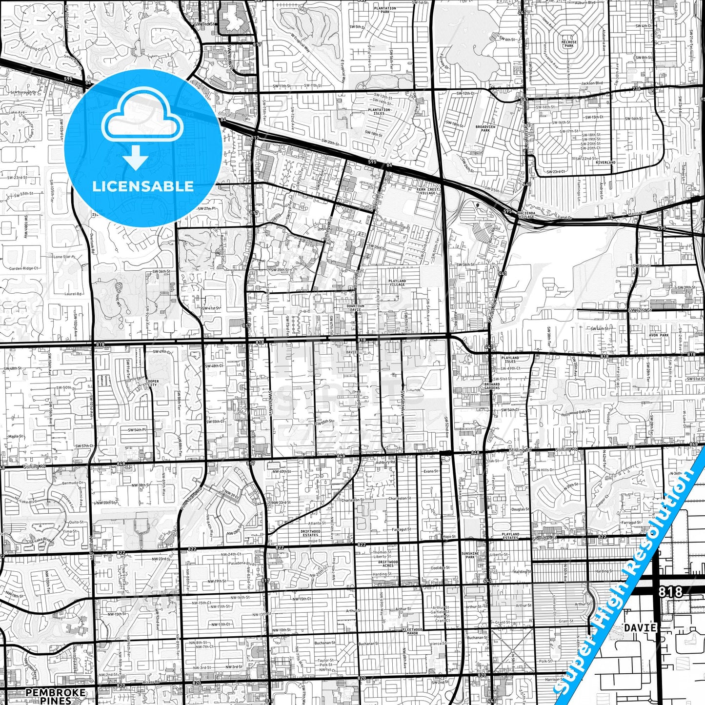 Davie, Florida Light Map with Street Names, City Names, and Districts