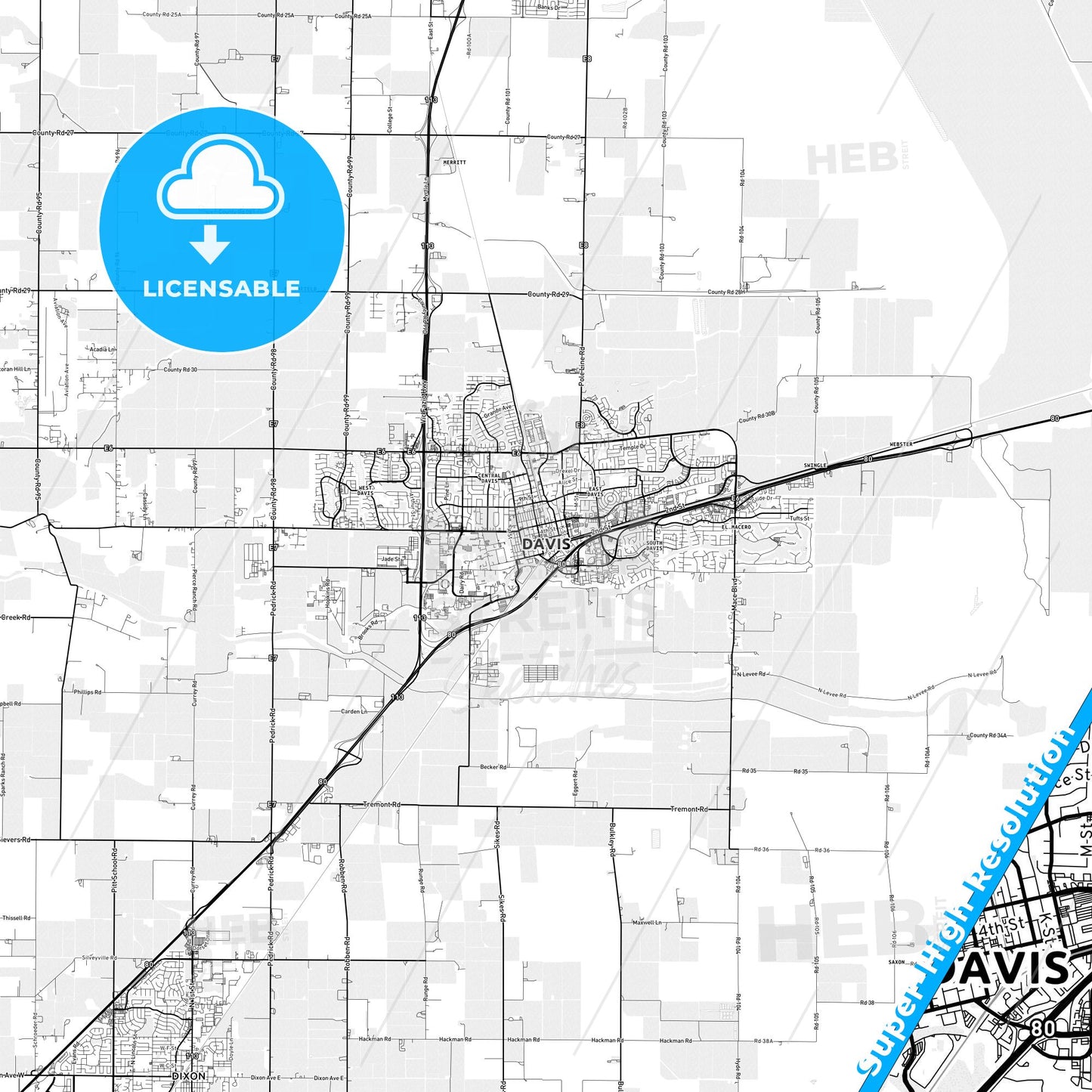Davis, California light map with streetnames, citynames and districts