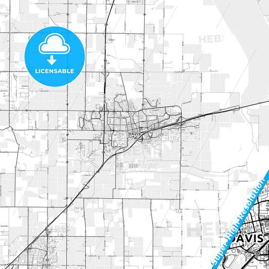 Davis, California light map with streetnames, citynames and districts