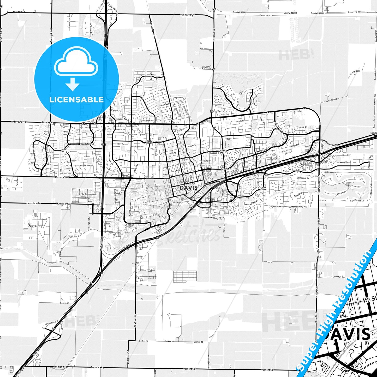Davis, California Light Map with Street Names, City Names, and Districts