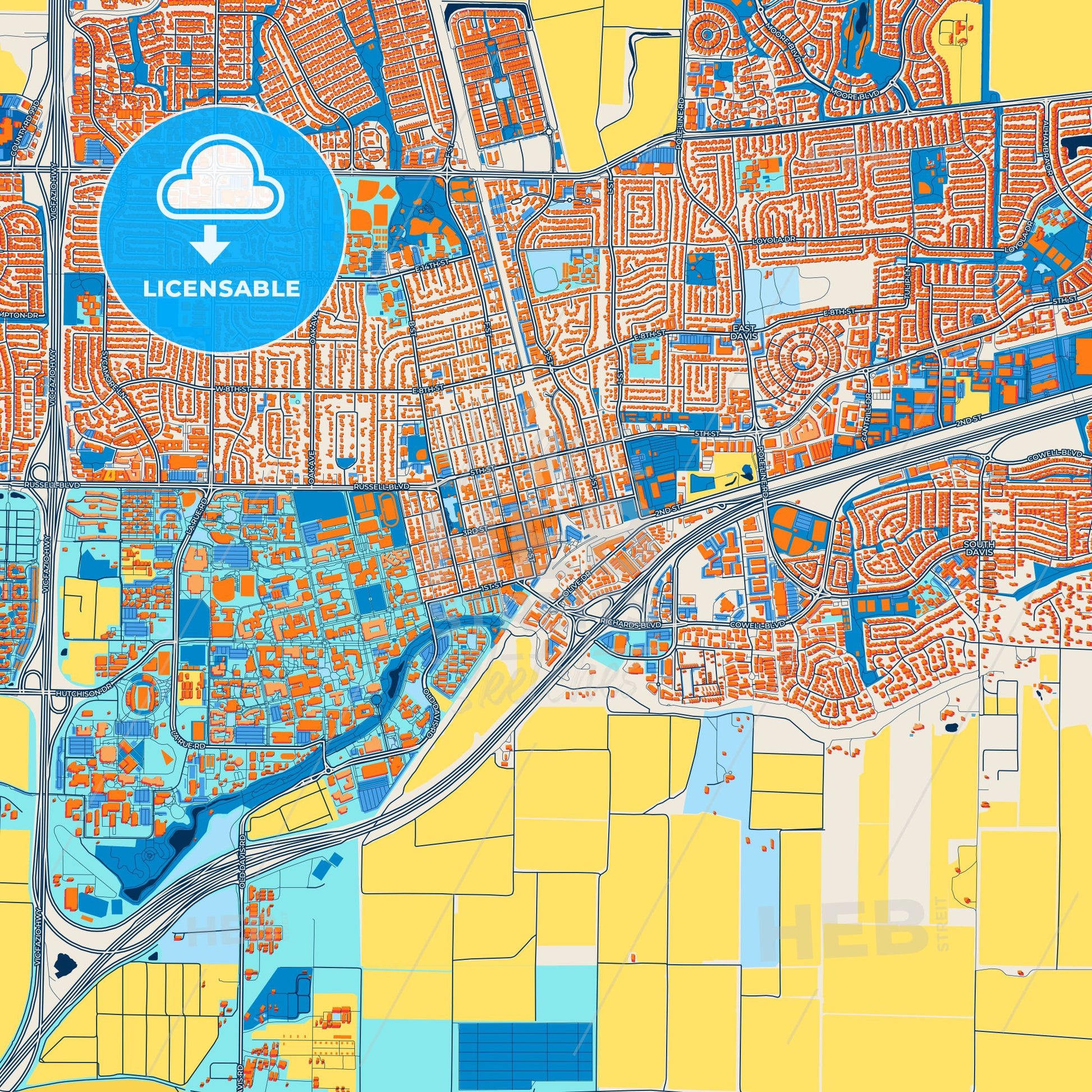 Colorful Davis Street Map with Labels and Buildings