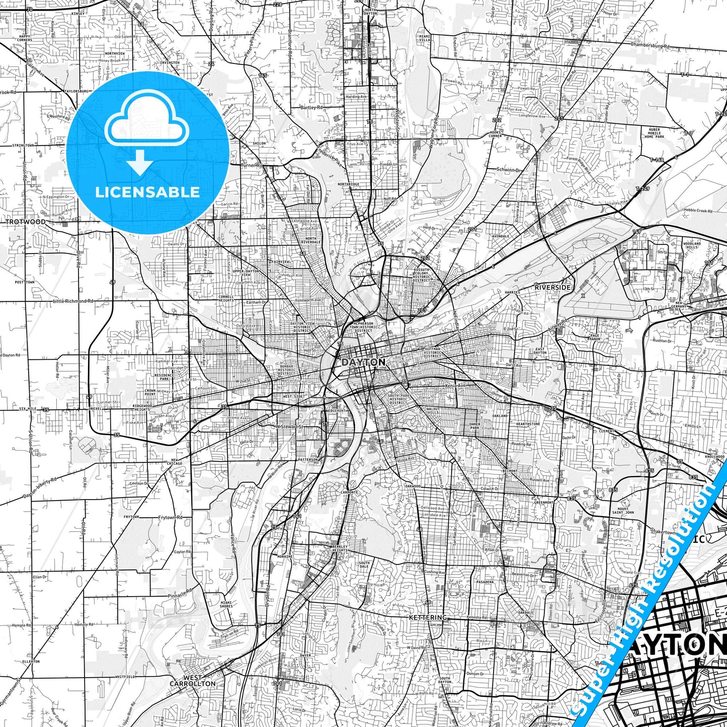 Dayton, Ohio light map with streetnames, citynames and districts