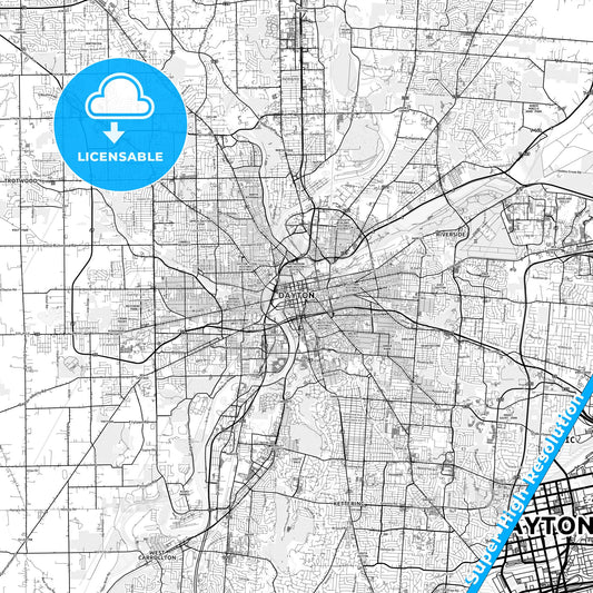 Dayton, Ohio light map with streetnames, citynames and districts