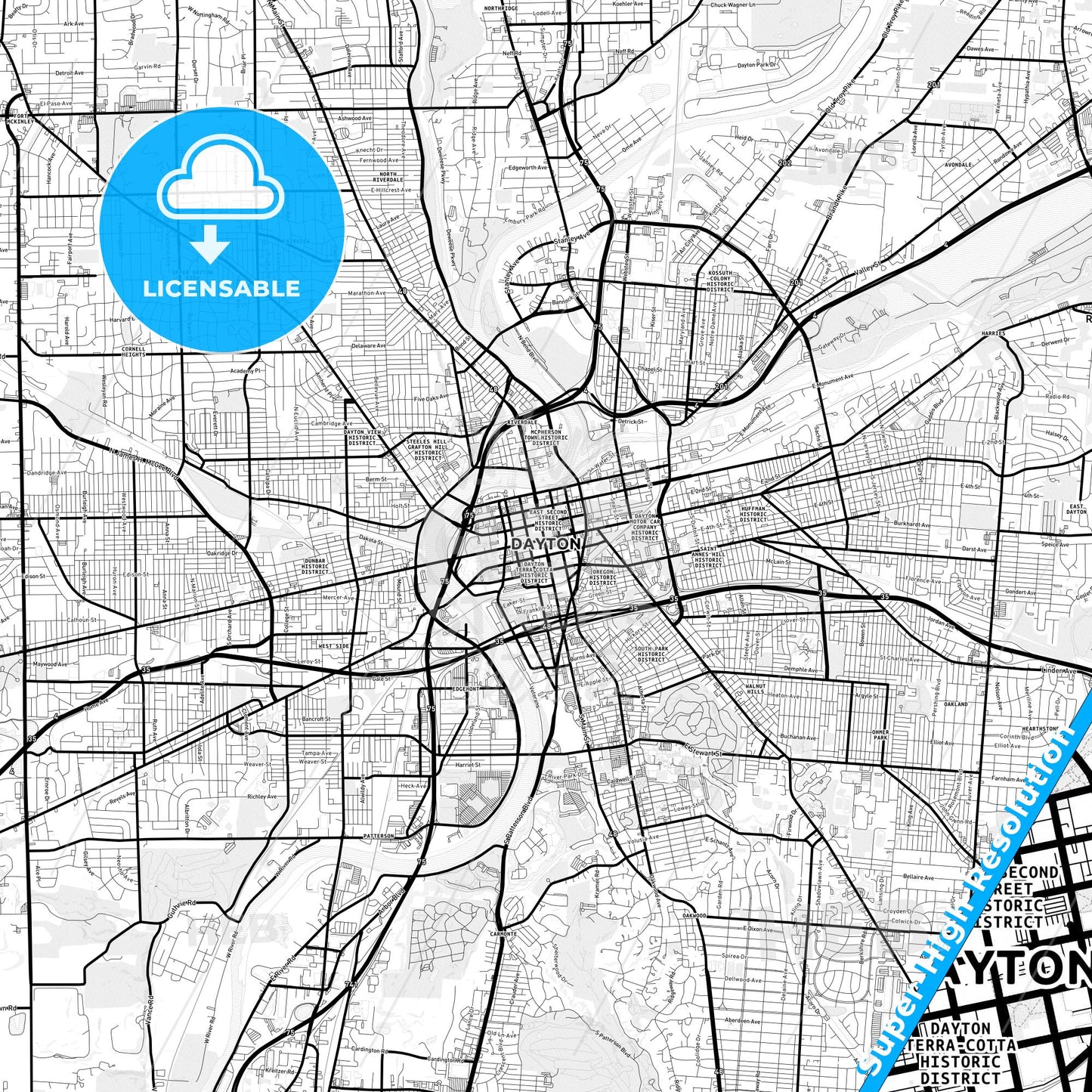 Dayton, Ohio Light Map with Street Names, City Names, and Districts