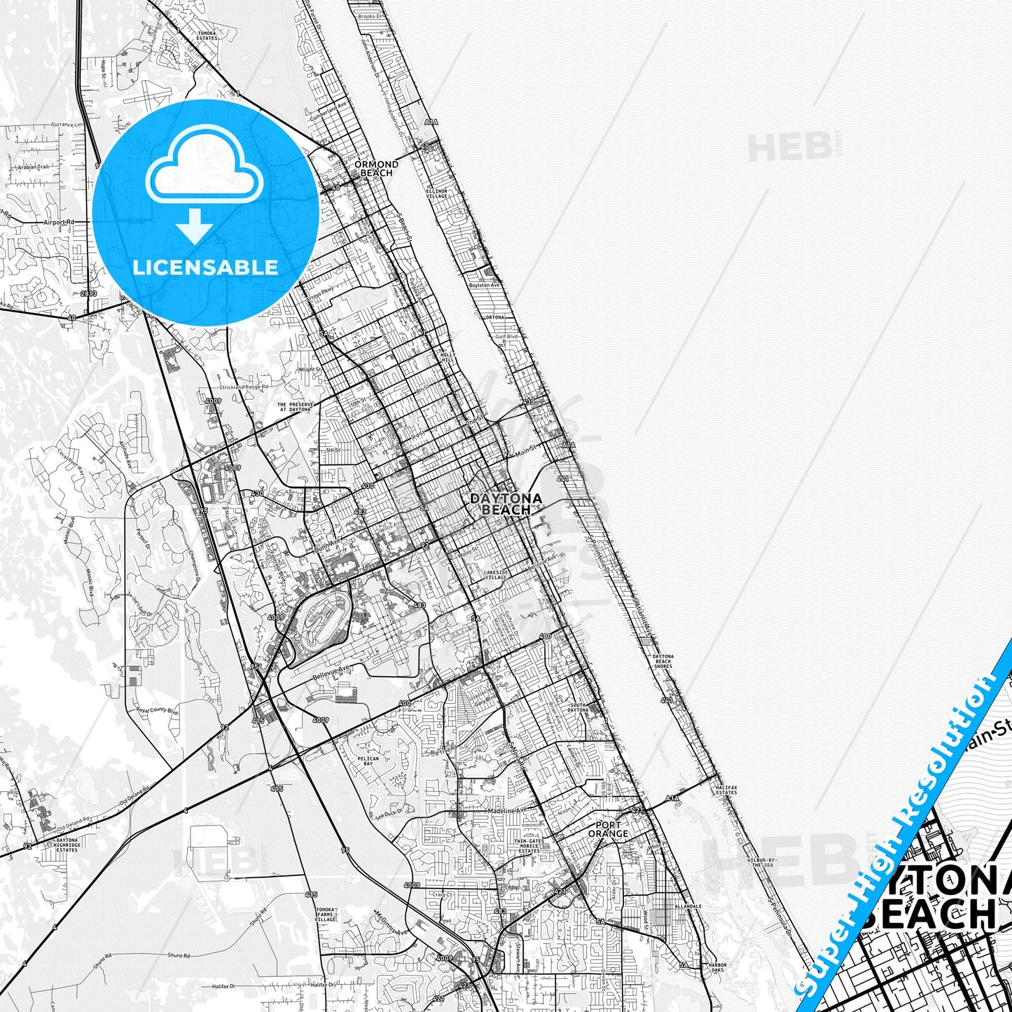 Daytona Beach, Florida light map with streetnames, citynames and districts