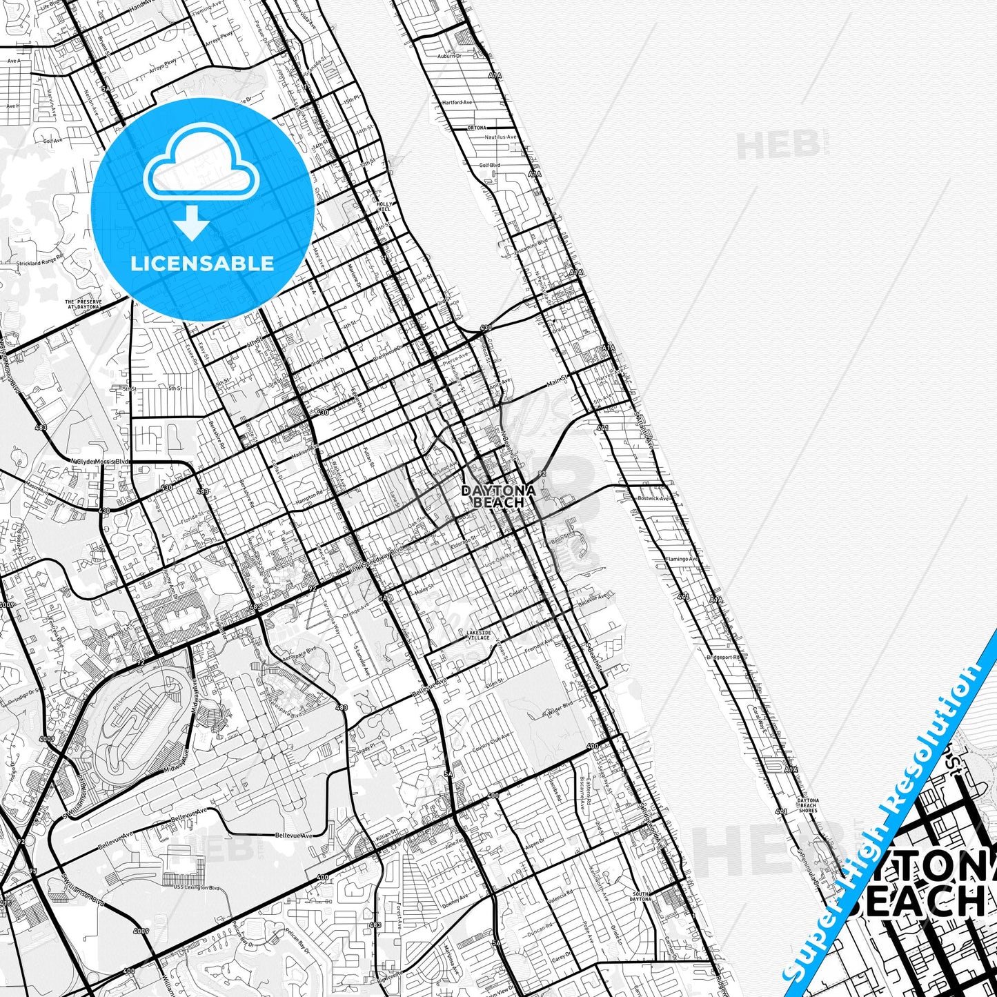 Daytona Beach, Florida Light Map with Street Names, City Names, and Districts