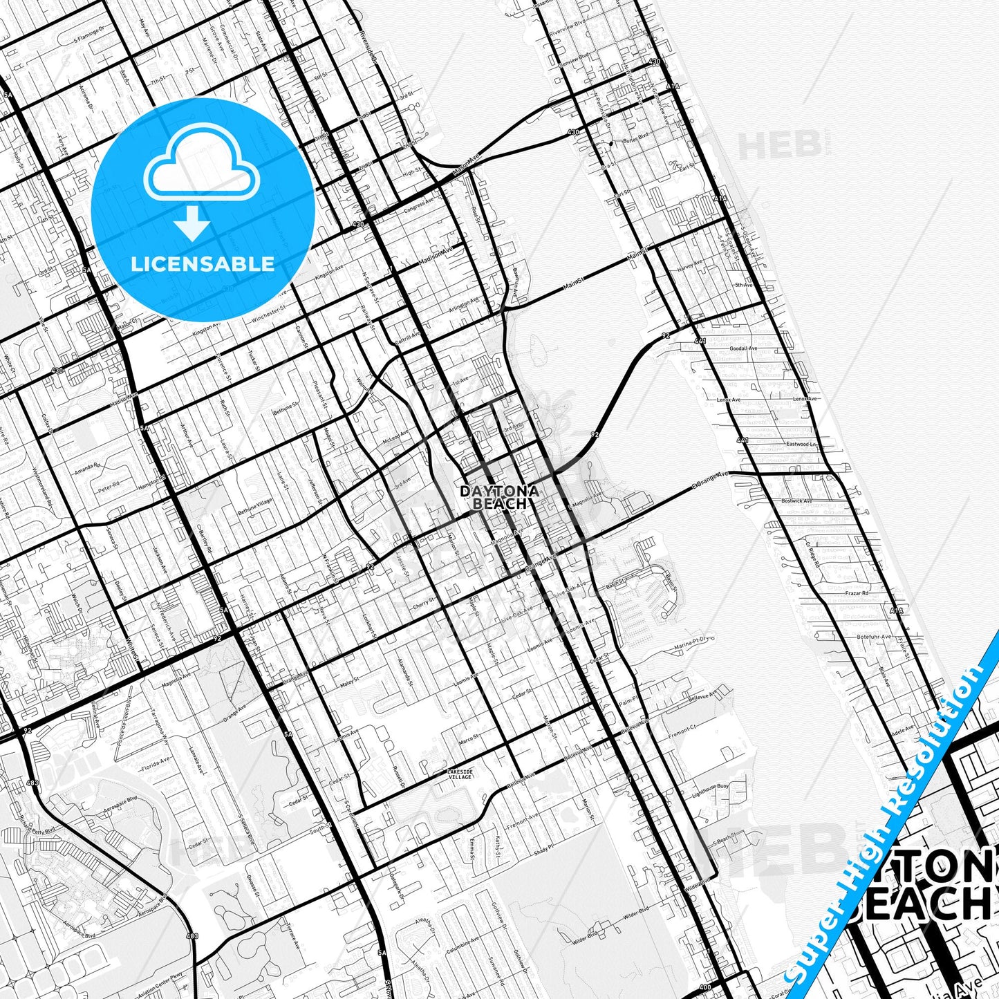 Daytona Beach, Florida Light Map with Street Names, City Names, and Districts