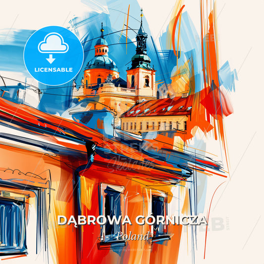 Vibrant Dąbrowa Górnicza, Poland - A Painting Of A Building With A Dome - Square format print template