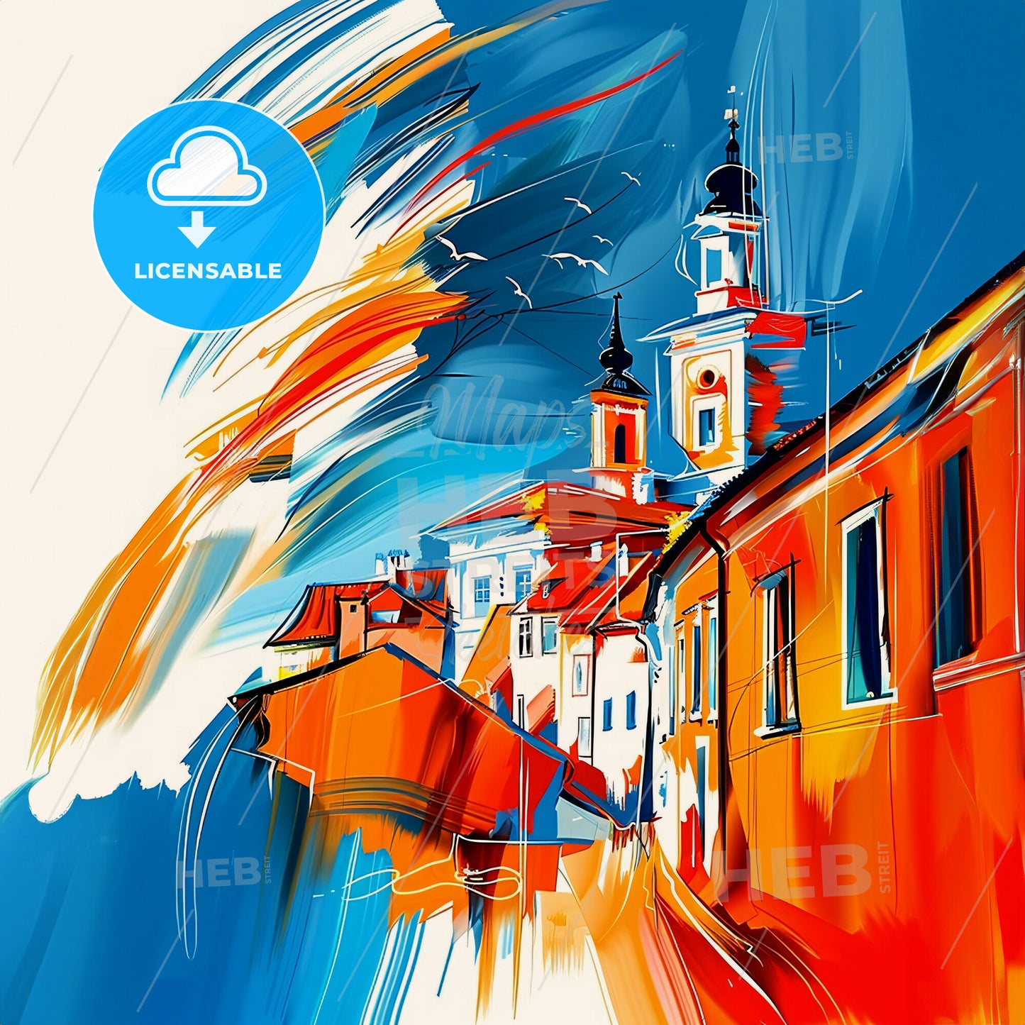 Vibrant Dąbrowa Górnicza, Poland - A Painting Of Buildings And A Blue Sky