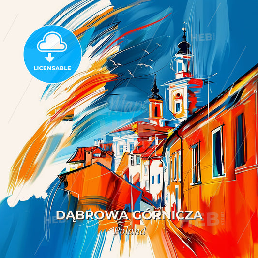 Vibrant Dąbrowa Górnicza, Poland - A Painting Of Buildings And A Blue Sky - Square format print template