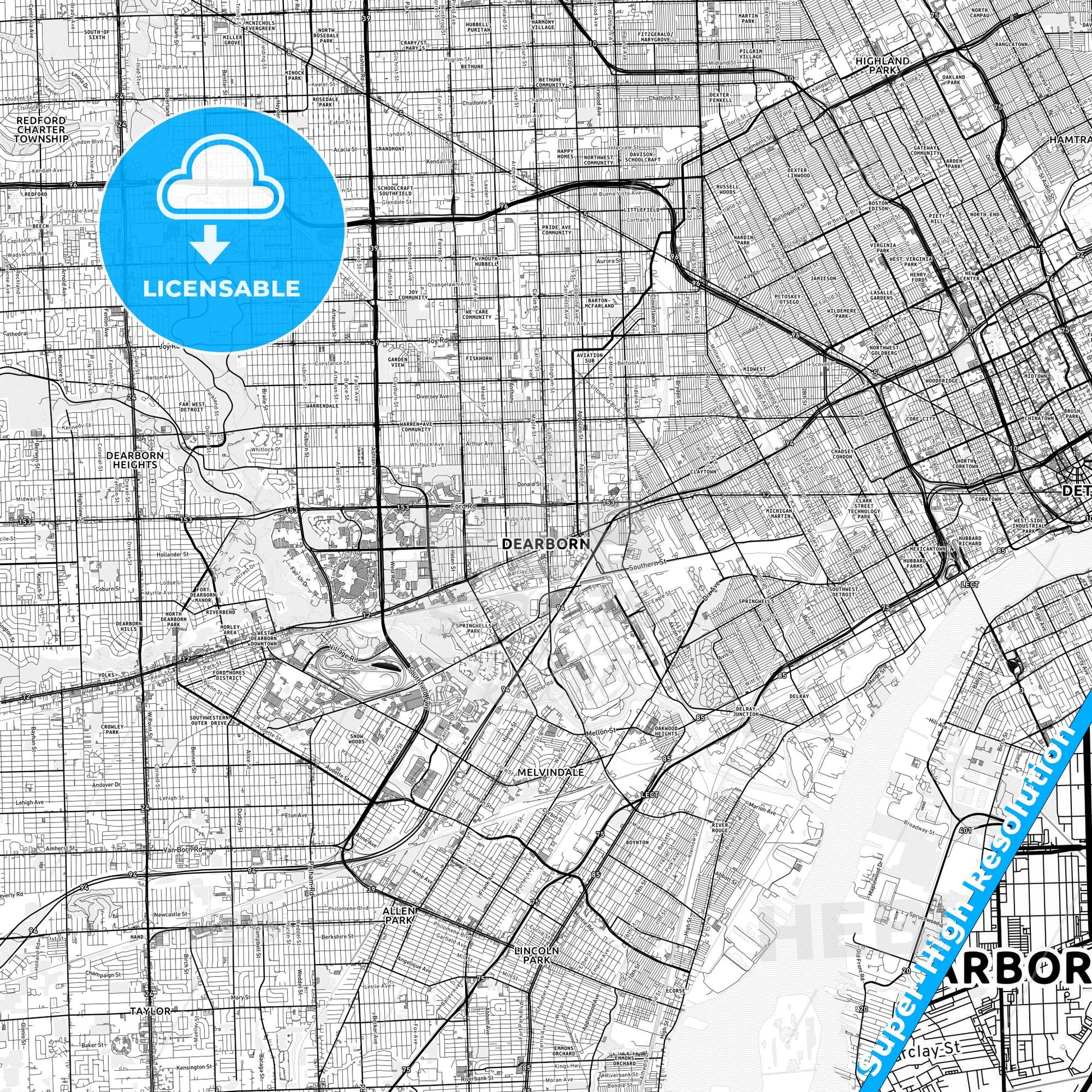 Dearborn, Michigan light map with streetnames, citynames and districts