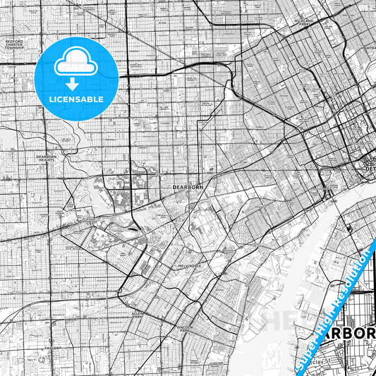 Dearborn, Michigan light map with streetnames, citynames and districts
