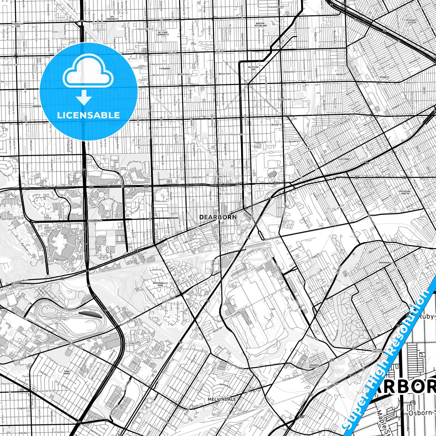 Dearborn, Michigan Light Map with Street Names, City Names, and Districts