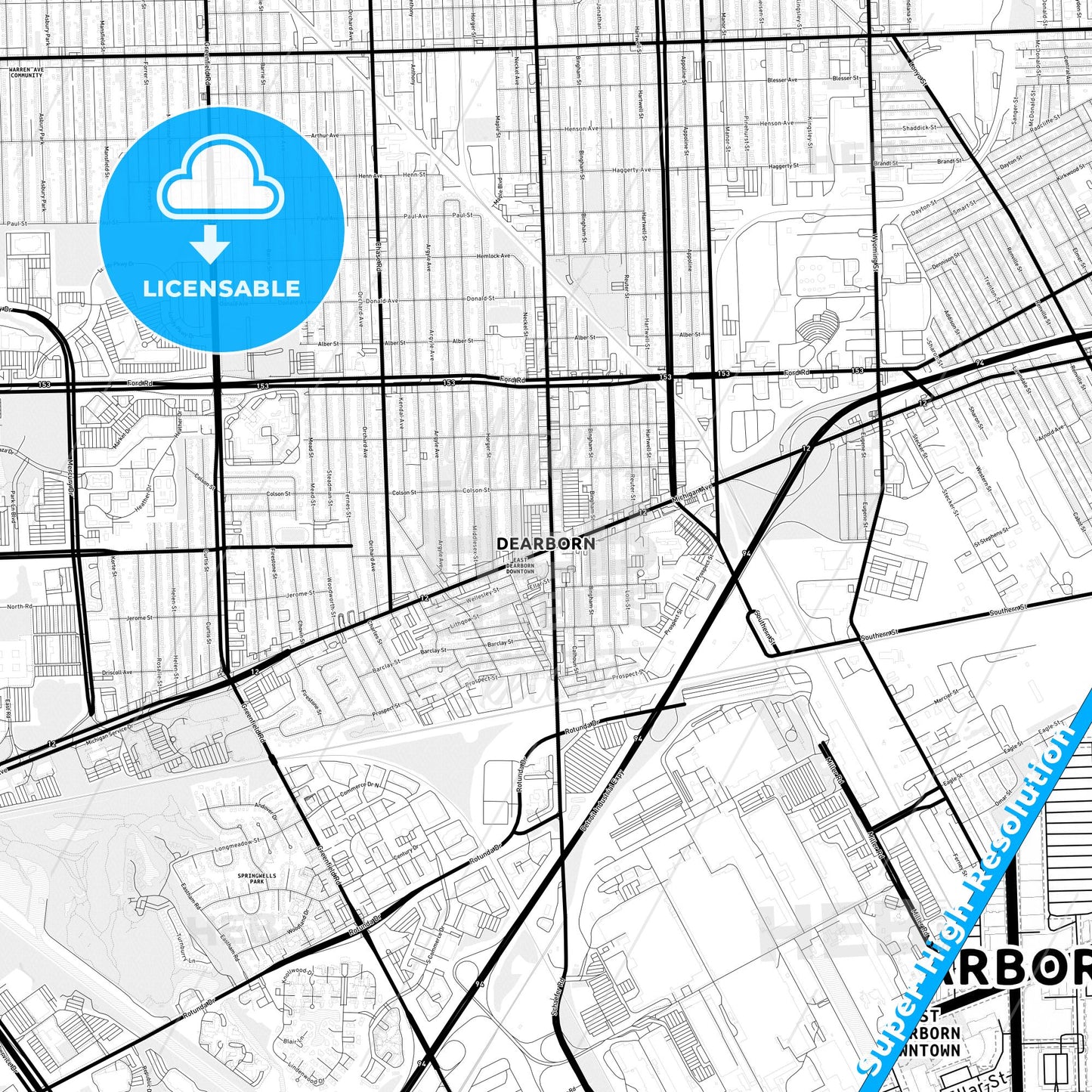 Dearborn, Michigan Light Map with Street Names, City Names, and Districts