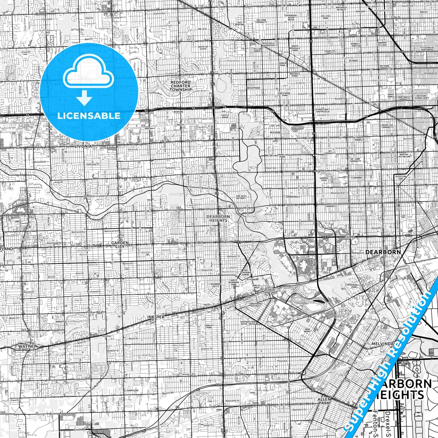 Dearborn Heights, Michigan light map with streetnames, citynames and districts