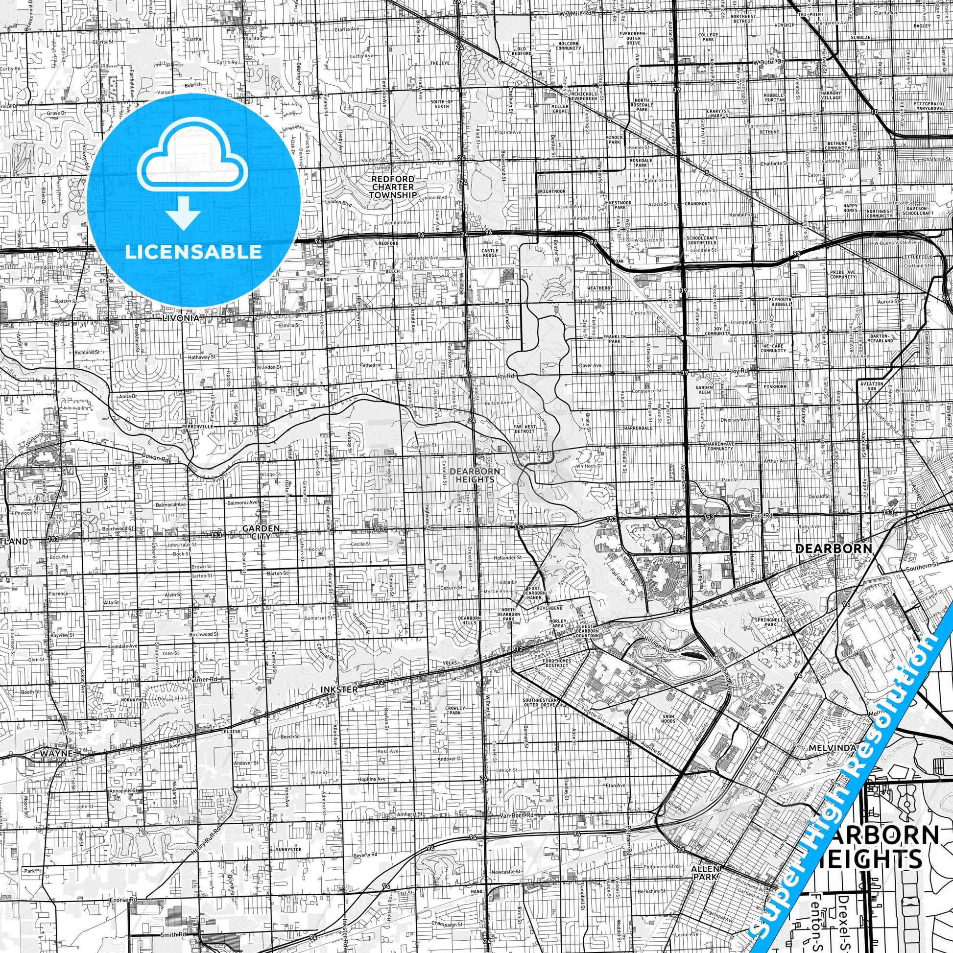 Dearborn Heights, Michigan light map with streetnames, citynames and districts