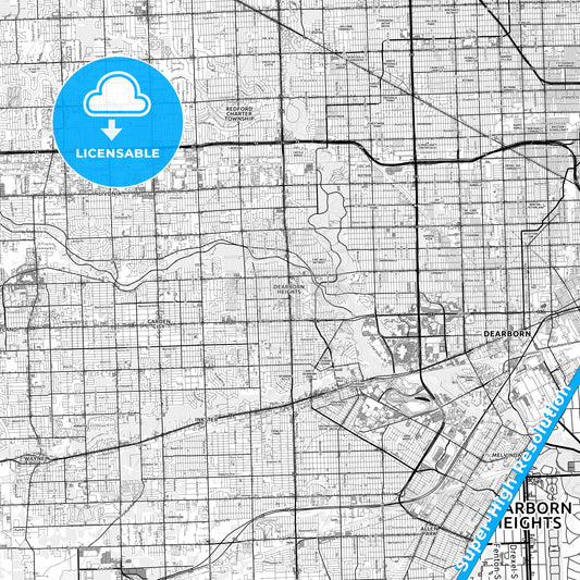 Dearborn Heights, Michigan light map with streetnames, citynames and districts