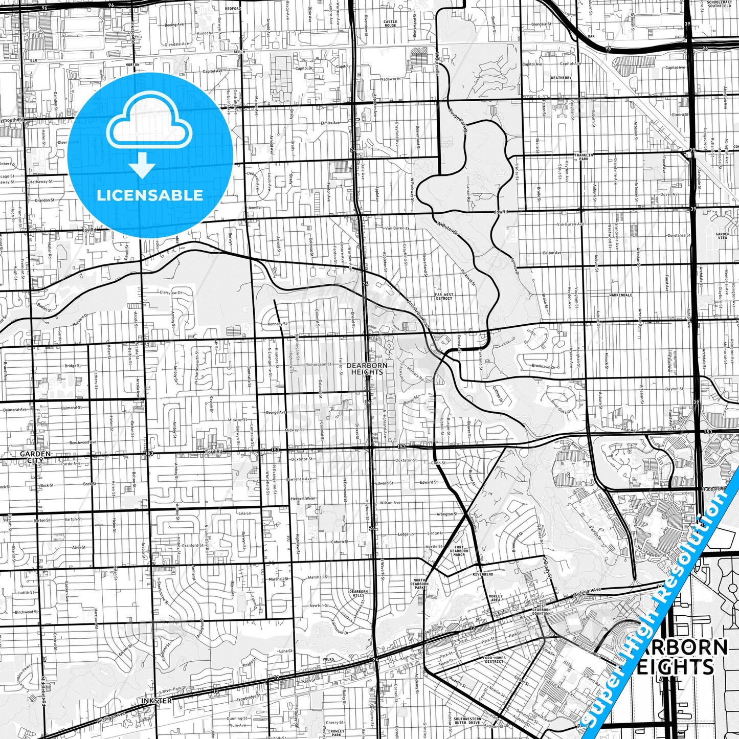 Dearborn Heights, Michigan Light Map with Street Names, City Names, and Districts