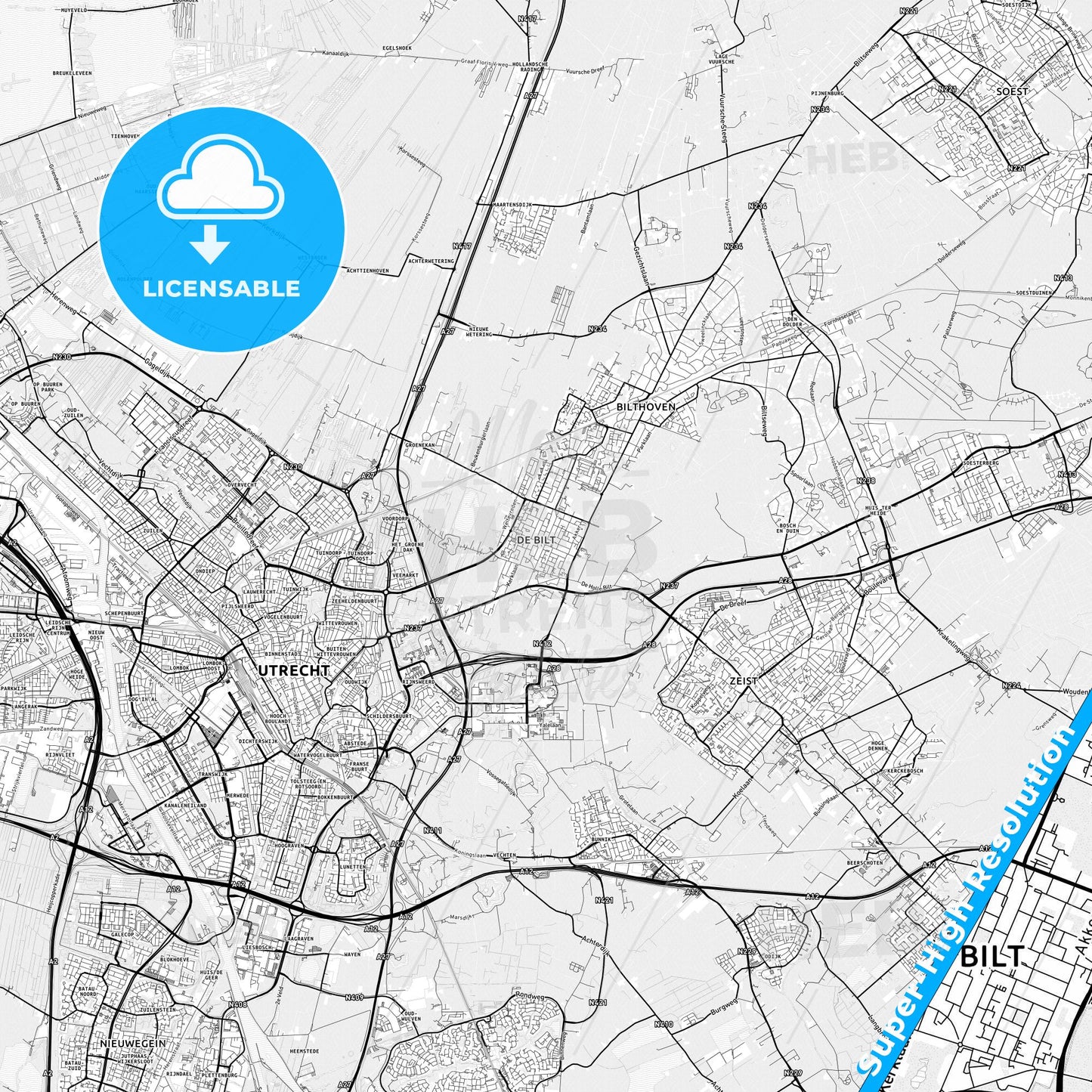 De Bilt, Netherlands light map with streetnames, citynames and districts