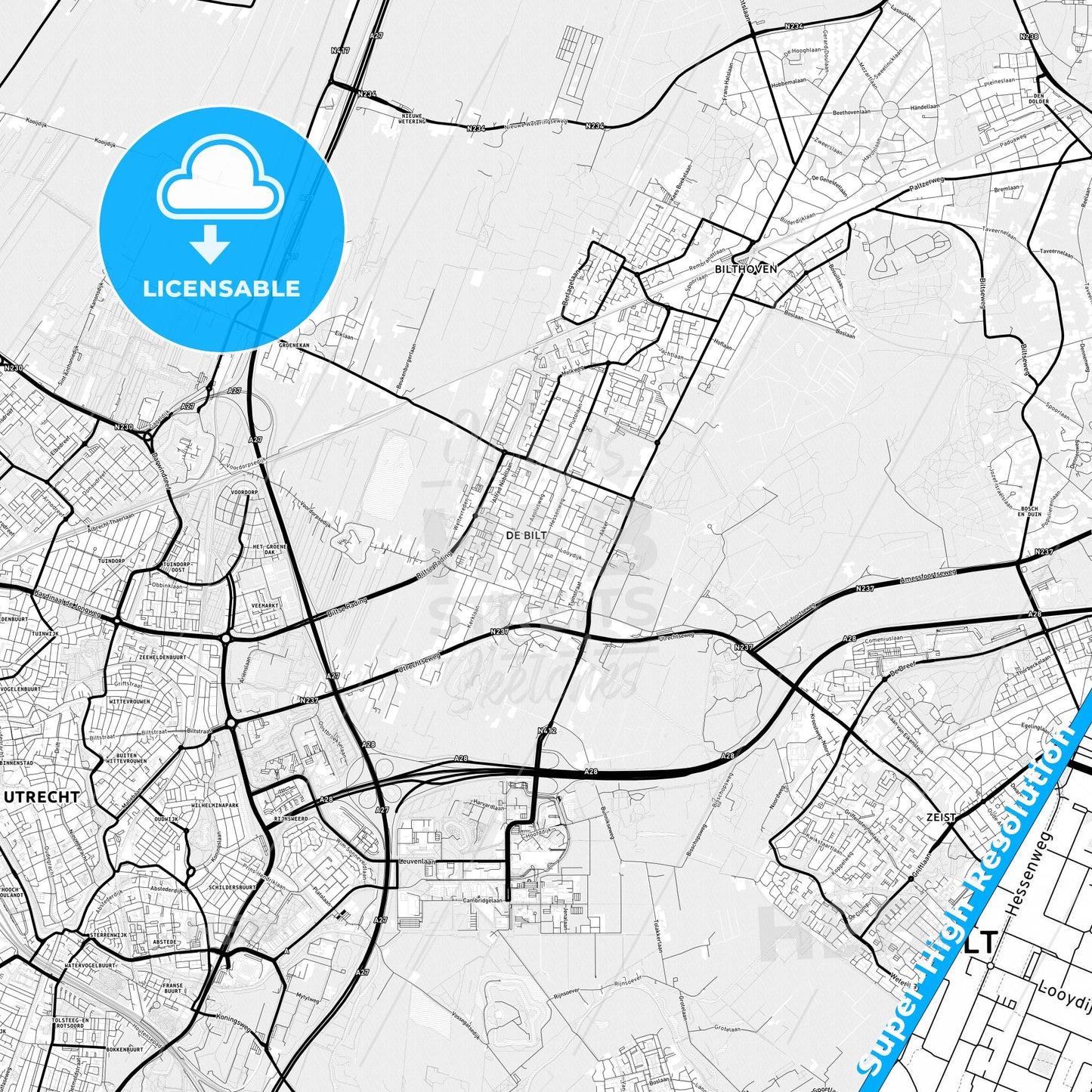 De Bilt, Netherlands Light Map with Street Names, City Names, and Districts