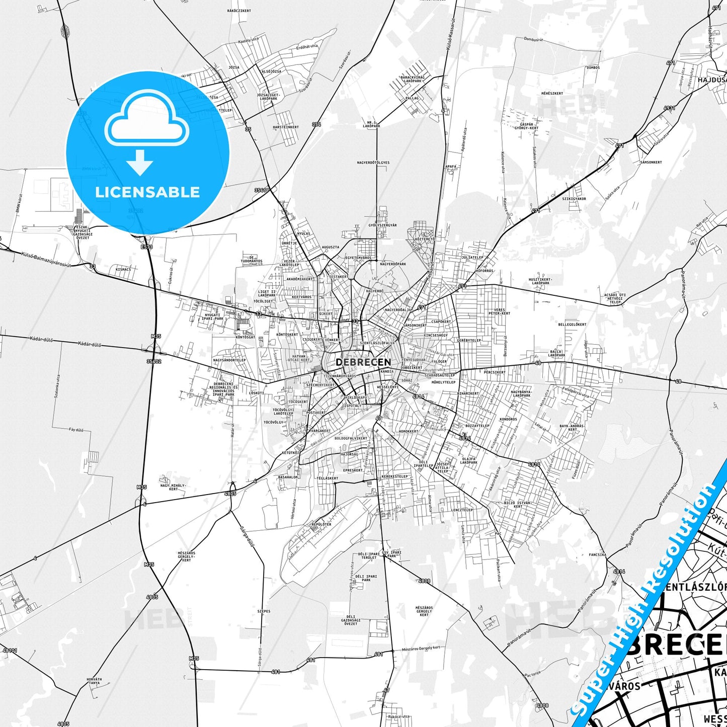 Debrecen, Hungary light map with streetnames, citynames and districts