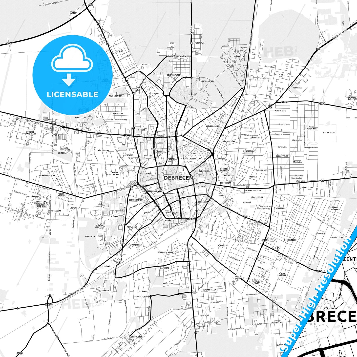Debrecen, Hungary Light Map with Street Names, City Names, and Districts